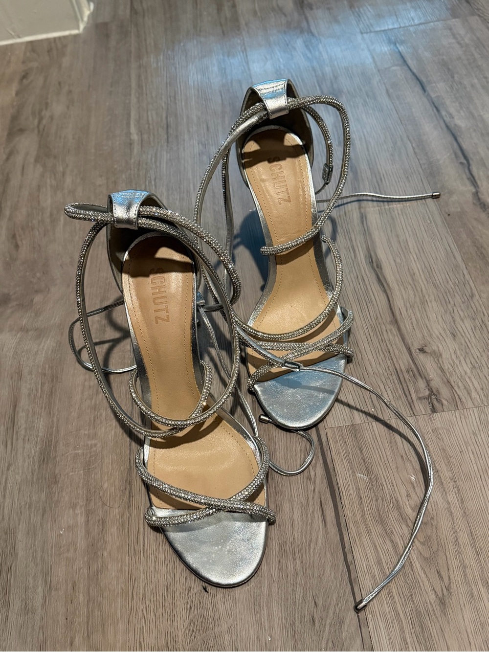 SCHUTZ Silver Metallic Lace-Up Strappy Heels